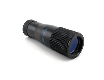 A black monocular on it's side. The close end with the lens features a textured grip and beneath that has blue text that says 10x25