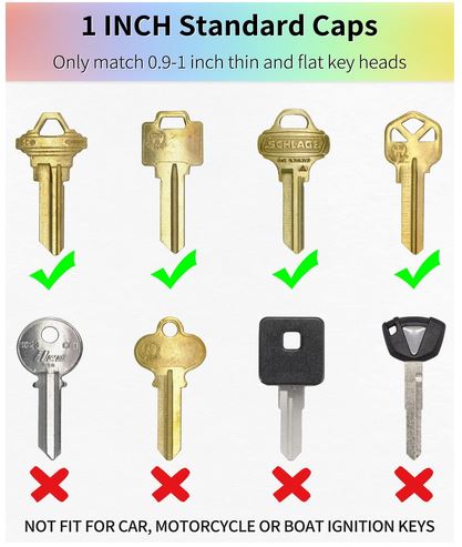 A picture showing which keys the standard 1" caps will cover. They are not fit for car, motorcycle or boat ignition keys.