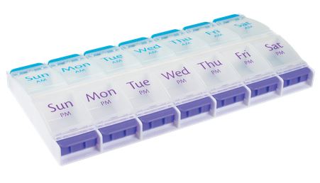 This clear pill organizer has slots for morning and evening pills 7 days of the week. The morning side is blue and each slot has a push button for easy opening. The evening side is purple.