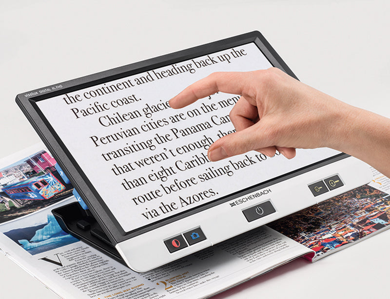 The Visolux XL FHD is a 12" portable digital video magnifier. You are able to pinch and zoom or use traditional buttons to toggle magnification and settings.