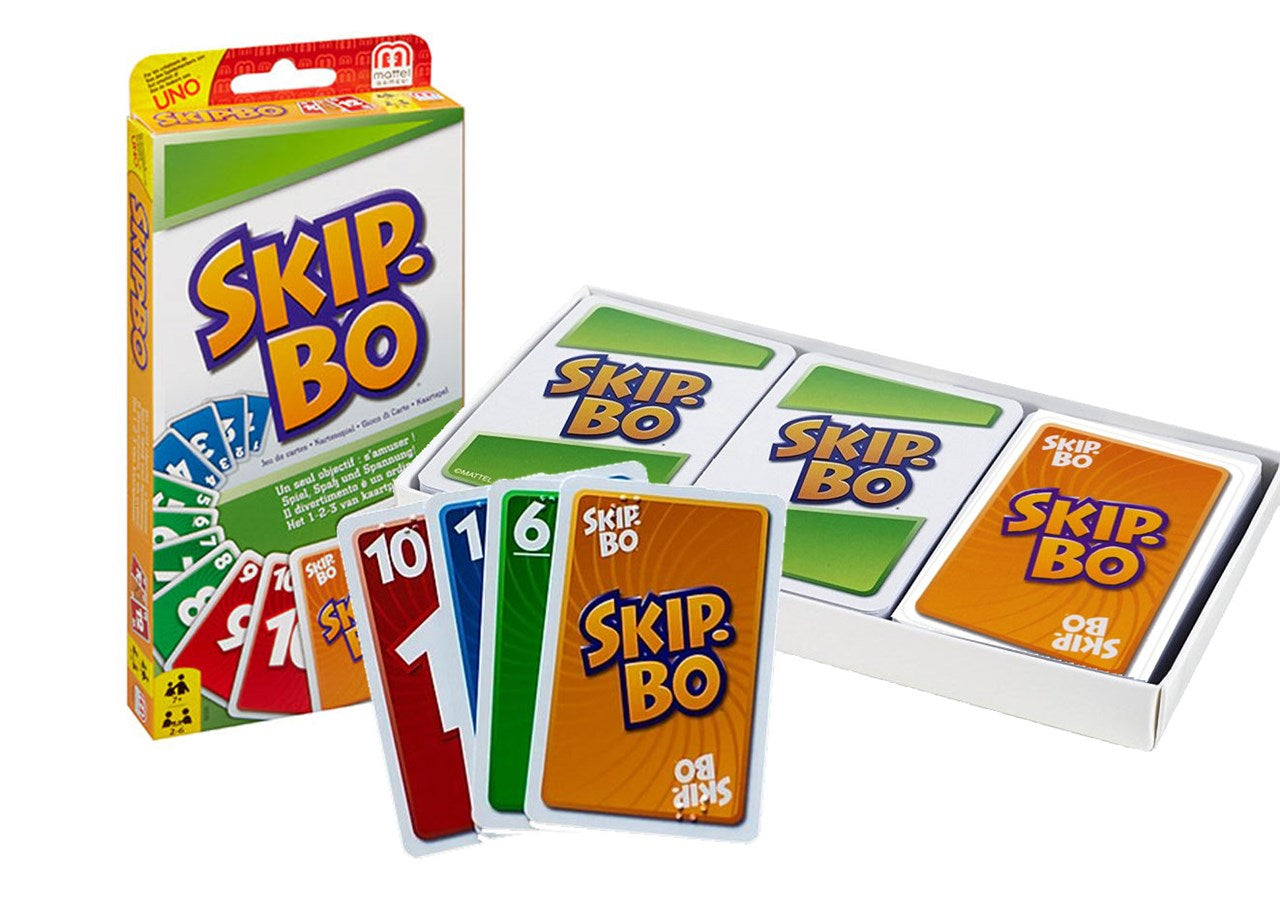 The Skip-Bo packaging displaying cards in box and 4 cards out of the box.