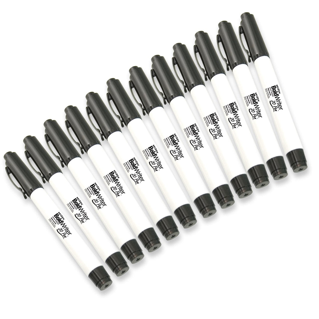 12 Bold writer pens lined up for easy selection