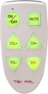 A small but mighty universal TV remote with only 6 buttons. You can turn the TV off and on, mute the volume, adjust the volume up and down and channel surf with an up and down button.