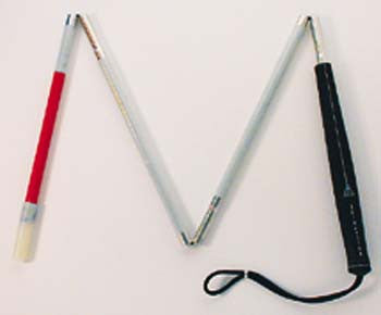 A 5 section Folding cane with a black handle and strap and white tip.