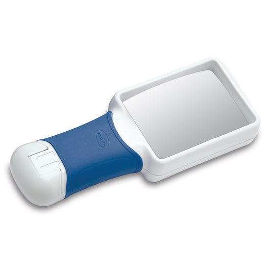 Magnifier that has a light that lights up when the magnifier is picked up. It has a blue handle and white casing.