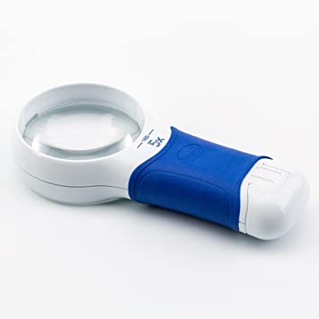 Magnifier that has a light that lights up when the magnifier is picked up. It has a blue handle and white casing.