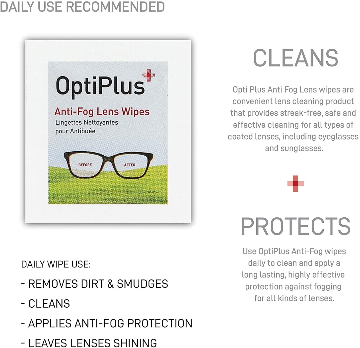 Opti Plus Anti-Fog Lens Wipes packaging indicating how it cleans and protects your glasses