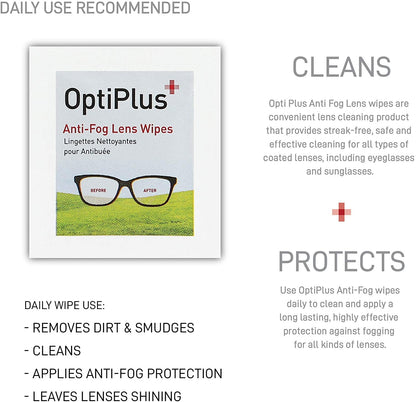 Opti Plus Anti-Fog Lens Wipes packaging indicating how it cleans and protects your glasses