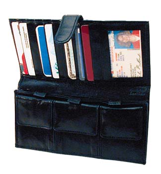 A black wallet that has 3 compartments for keeping loose change and other items. Multiple slots for credit or business cards and slot for your photo ID