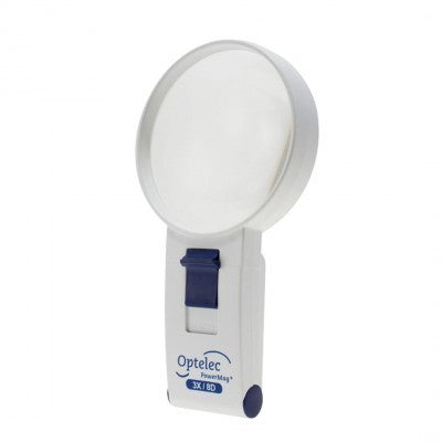 An Optelec 3x hand held magnifier. It has a white plastic casing, round viewing are and blue on/off switch