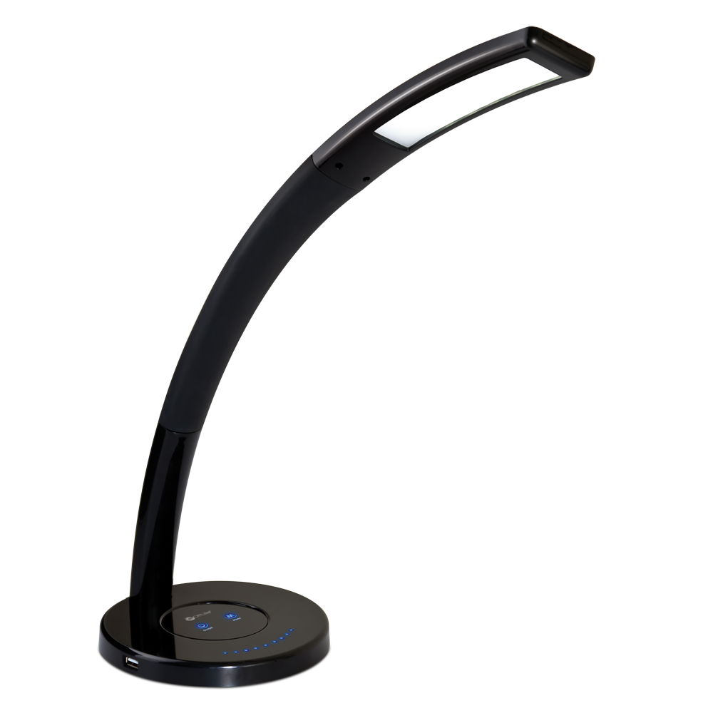 A desktop lamp that has a flexible neck and touch sensite buttons to change warmth and brightness of light