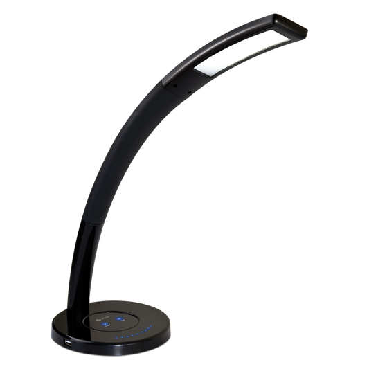 A desktop lamp that has a flexible neck and touch sensite buttons to change warmth and brightness of light