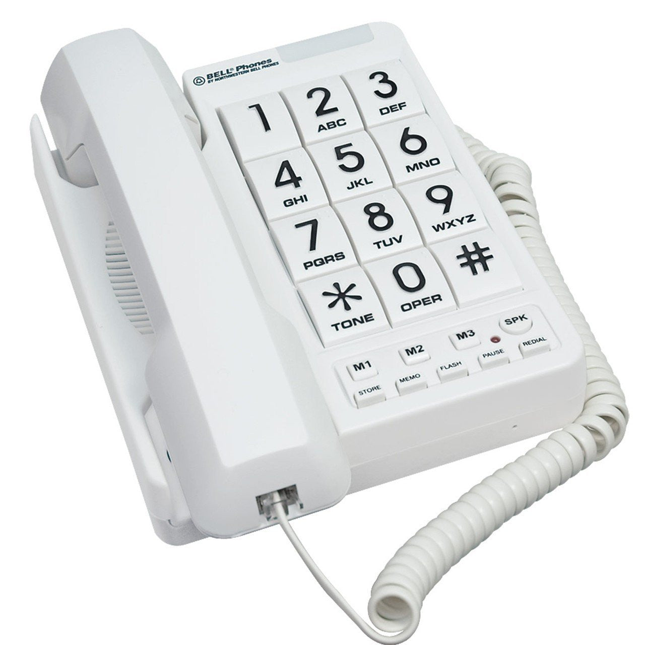 A white phone with large black numbers on them.