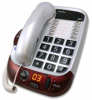 This phone features a red trim at the bottom which has a boost option, volume control and L E D to indicate how many messages you have after a long night of partying. It also has black buttons with big white numbers and 10 quick dial buttons