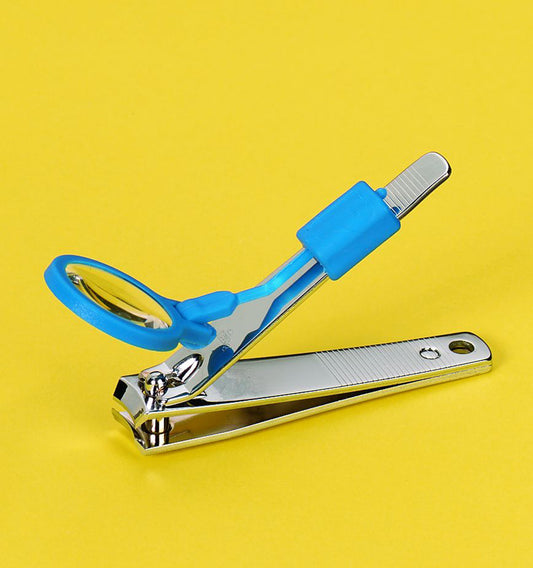 A pair of nail clippers with a little blue magnifier to prevent you from taking a chunk of skin off