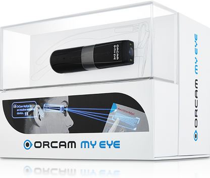 The OrCam My Eye Pro in the packaging which has a person wearing the device and reading the instructions.
