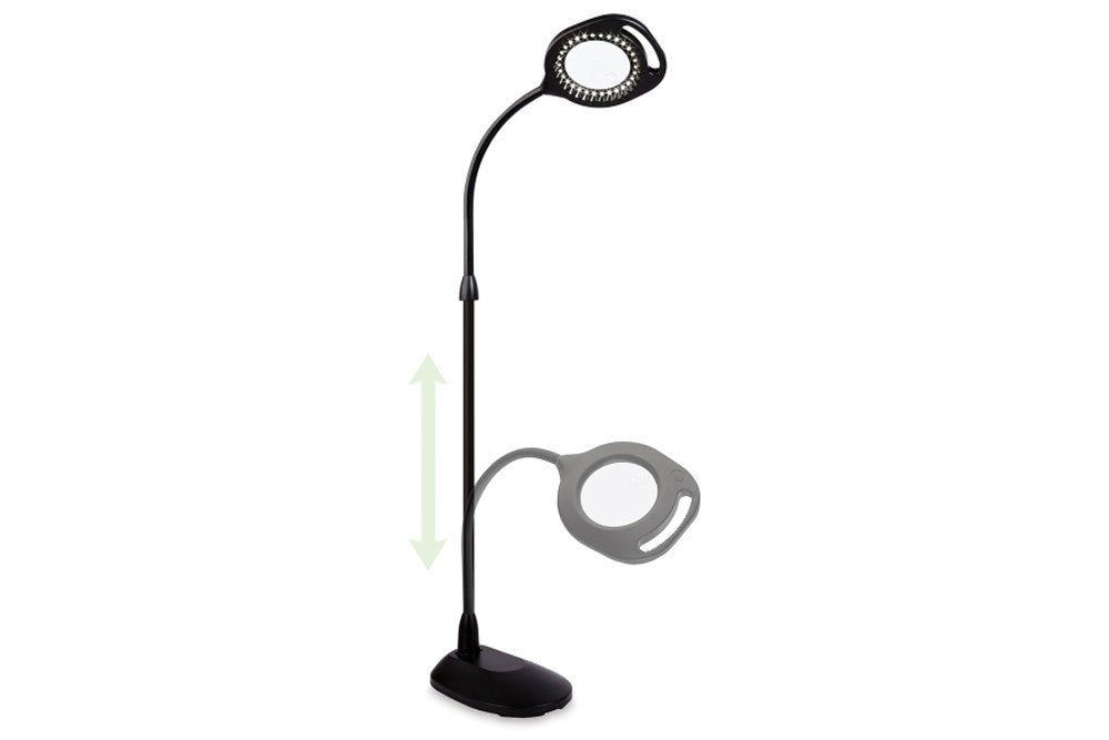 The 2 in 1 Ott Lamp shown as both the floor model and the desktop version. The lamp is lighted and has a magnifier in the center