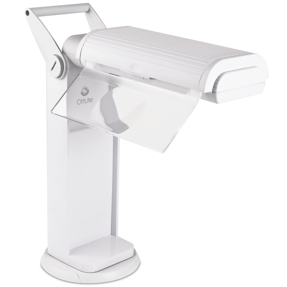 A White lamp that can be carried around by the handle on top. The light part swings out and open.