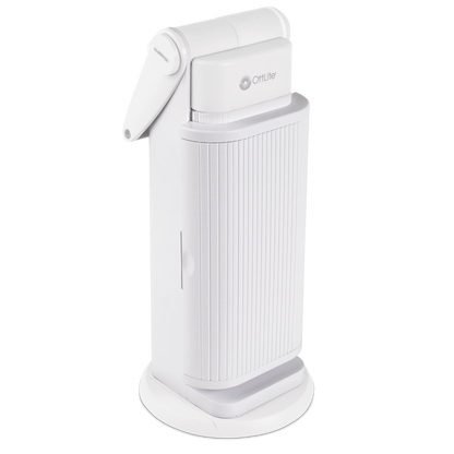 A White lamp that can be carried around by the handle on top. The light part swings out and open however it is closed in this instance