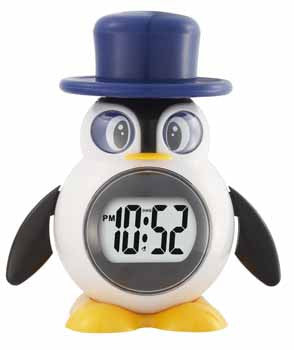 A cute little penguin clock, displaying 10:52 pm. 