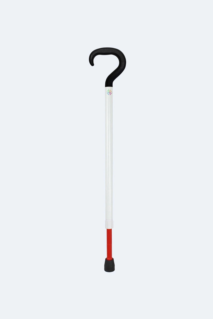 A white support cane with a lower red leg. Has a black rubber handle that looks like a question mark and rubber bottom for support.